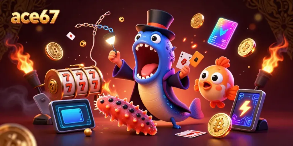 Experience thrilling casino magic with ace67 featuring a deep-sea gulper eel and an anglerfish in a vibrant underwater setting.