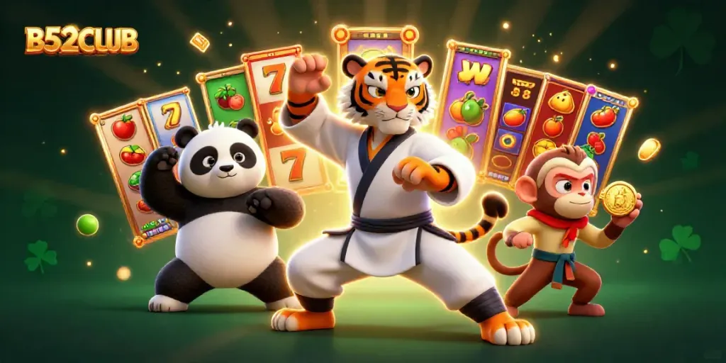 B52CLUB showcases a vibrant 3D scene with animated characters engaging in a casino-themed adventure.