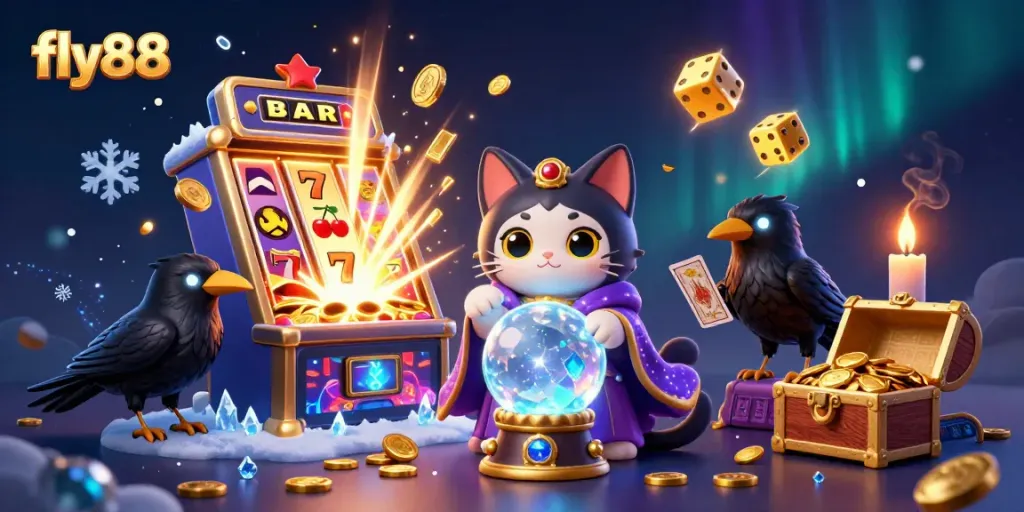 Experience the magic of fly88 with a vibrant 3D casino scene filled with fortune-telling and slot machine excitement.