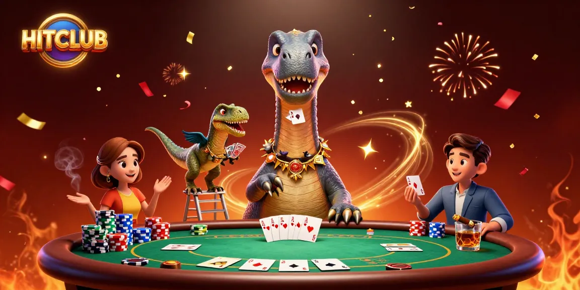 Engage with HITCLUB at an exciting poker scene featuring unique characters and vibrant casino elements.