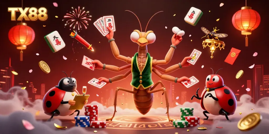 TX88 brings excitement with a vibrant casino scene featuring characters and game elements in action.