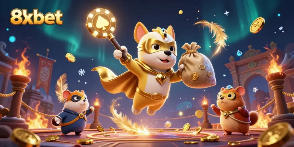 Experience thrilling action with 8xbet as a superhero dog soars through a dynamic casino scene.