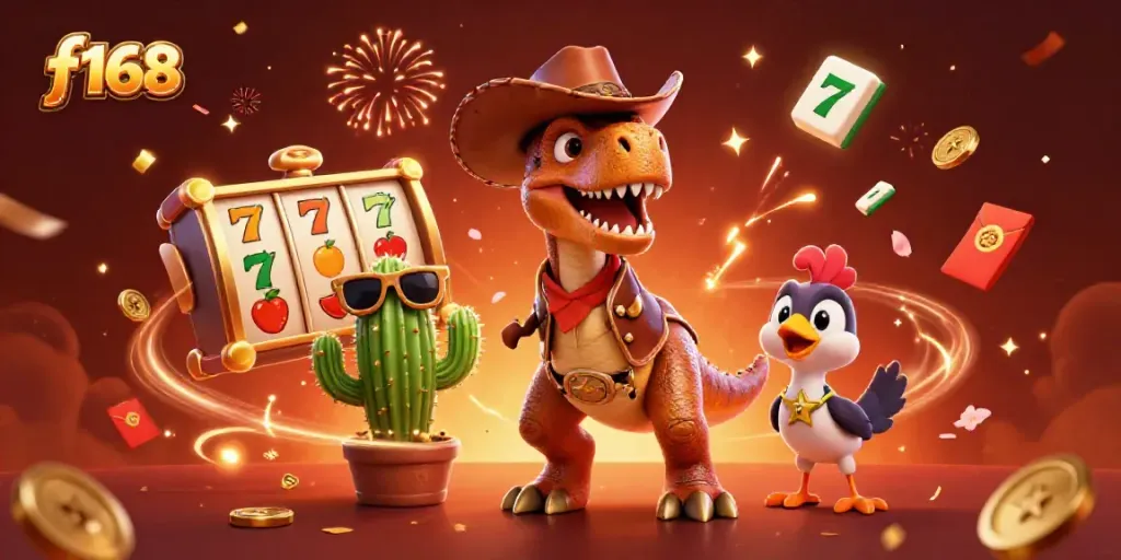 Experience the thrill of f168 with a vibrant 3D casino scene featuring dynamic characters and playful elements.