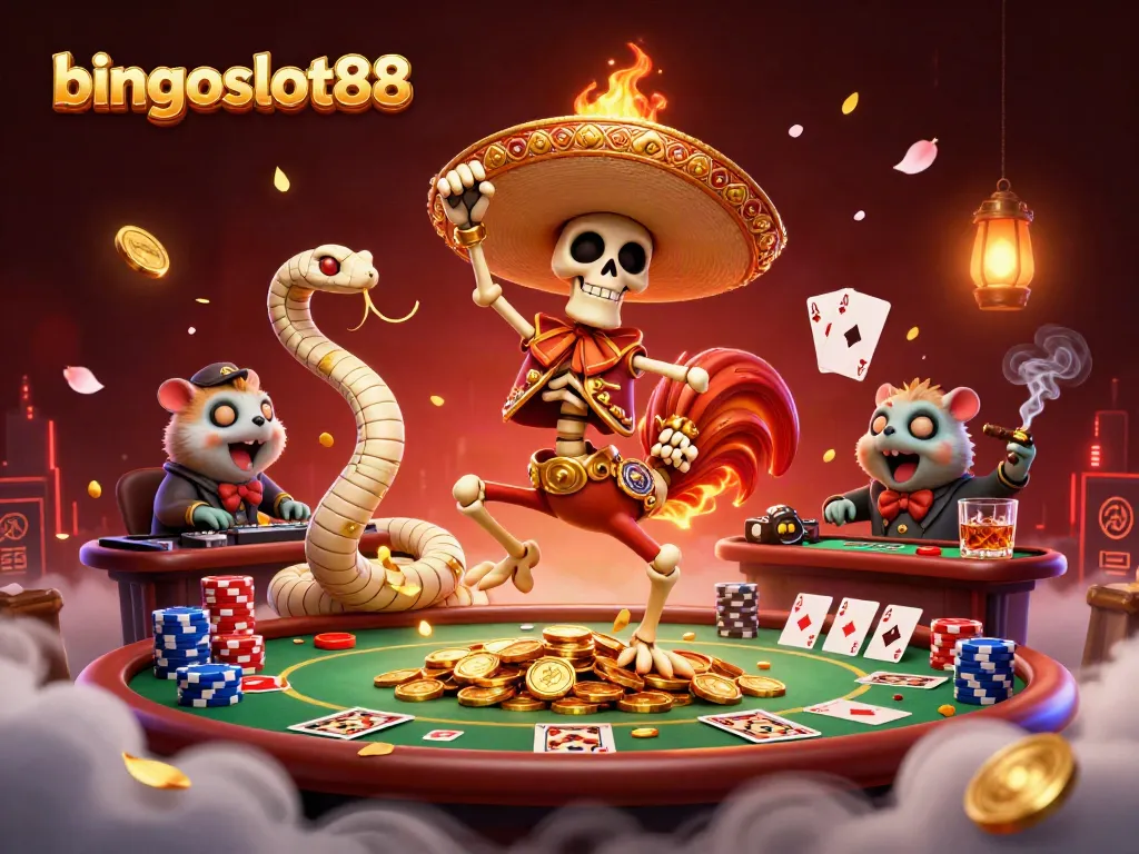 Gambar bingoslot88 menampilkan ayam mariachi bertarian di atas tumpukan koin emas dengan elemen poker.