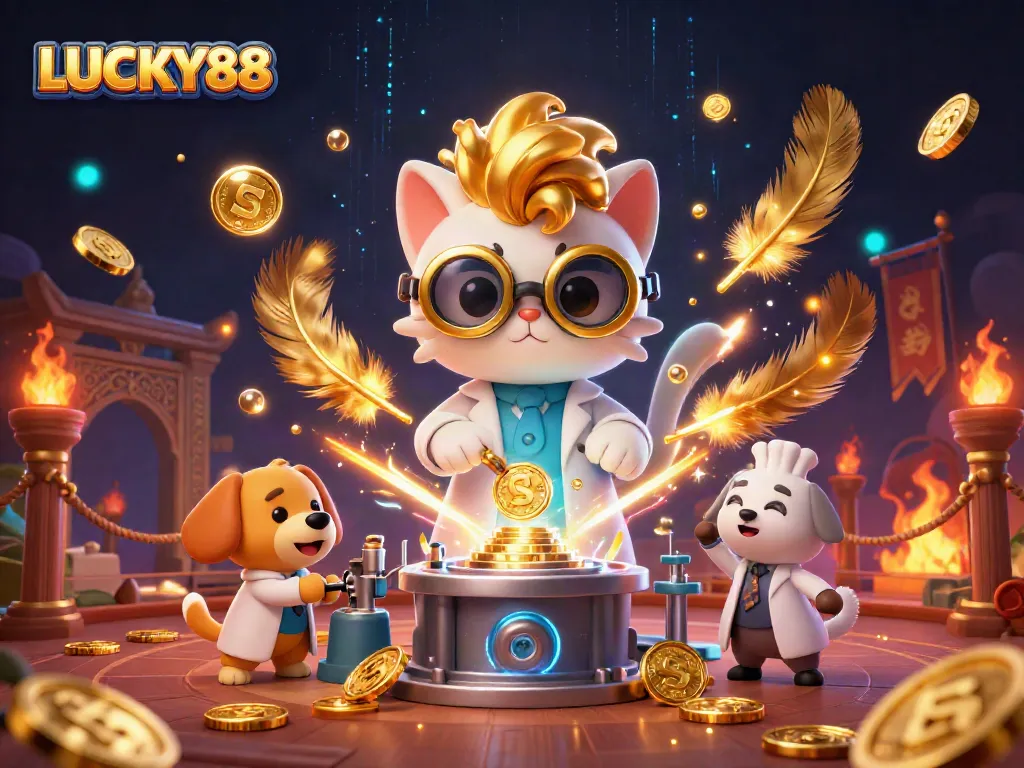 Experience thrilling gameplay with LUCKY88 through a vibrant 3D cartoon scene of a scientist and dog amidst golden coins.