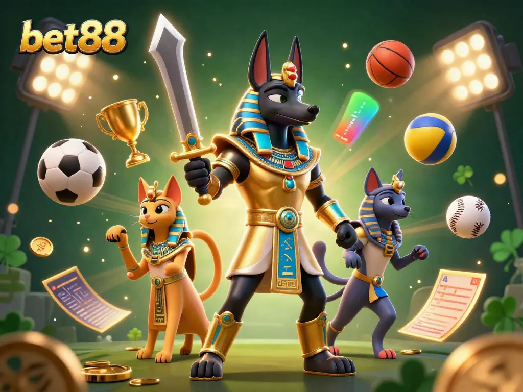 Experience thrill with bet88 in an epic digital gambling landscape featuring Anubis and Bastet.