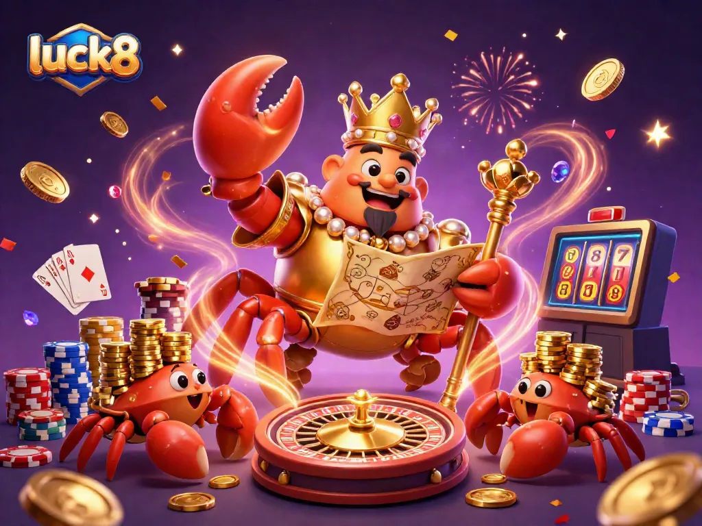 Experience the thrill of luck8 with a golden crab emperor amidst dazzling casino elements.
