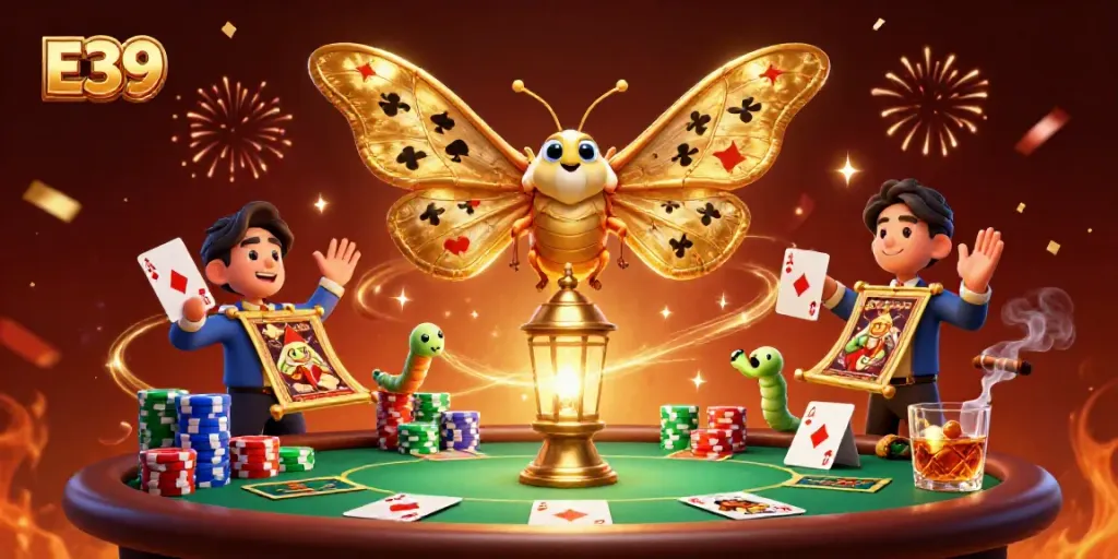 Engage in high-stakes poker with E39, showcasing golden moths and vibrant casino elements.