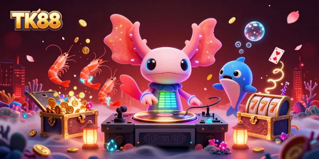 Experience vibrant gaming action with TK88, featuring a neon axolotl DJ and exciting underwater treasures.