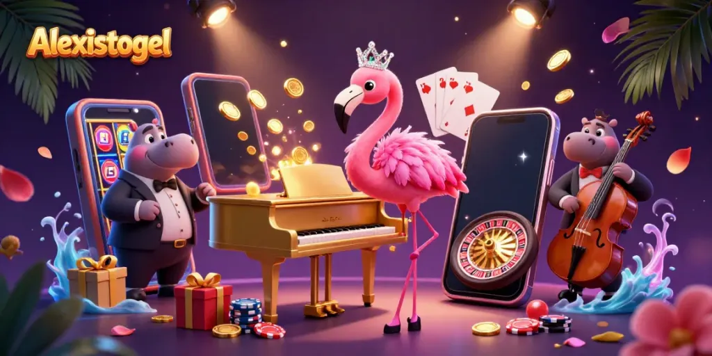 Raih jackpot di Alexistogel dengan penyanyi flamingo 3D dalam suasana kasino yang meriah.