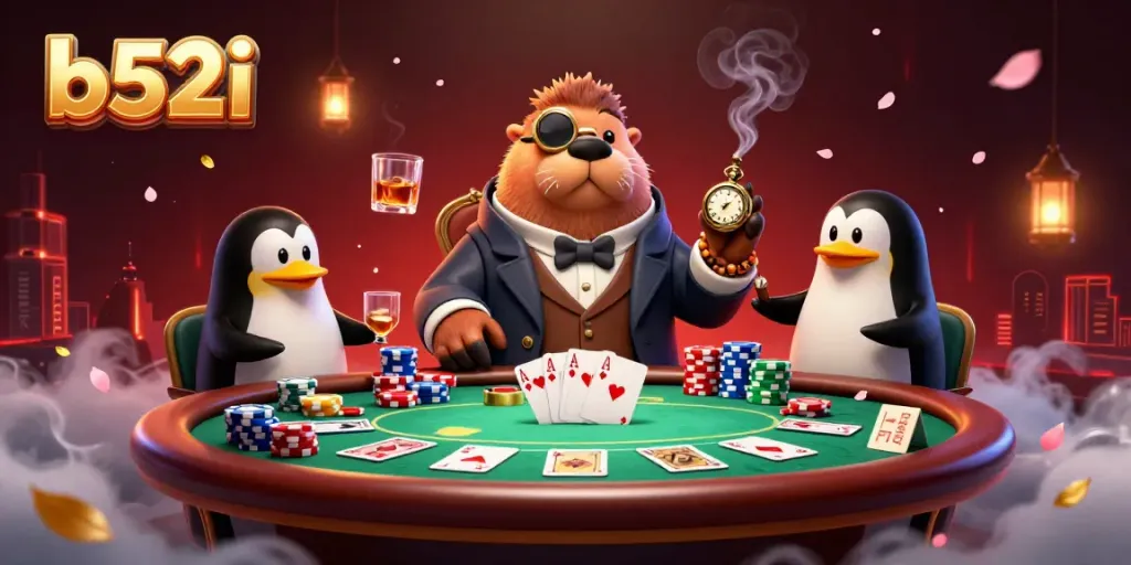 Experience thrilling underwater poker with b52i's vibrant casino scene featuring a jolly walrus and dynamic characters.
