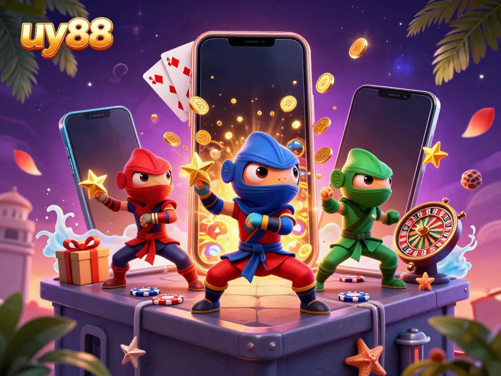 Engage with uy88 in a vibrant casino scene featuring ninja chameleons and exciting game elements.