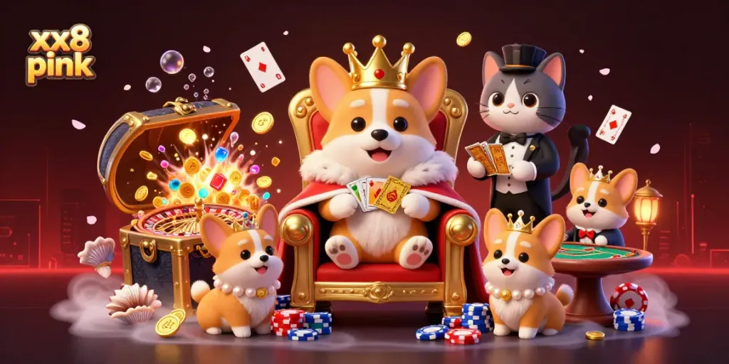 Experience exciting gameplay at xx8 pink with a royal corgi surrounded by casino treasures.