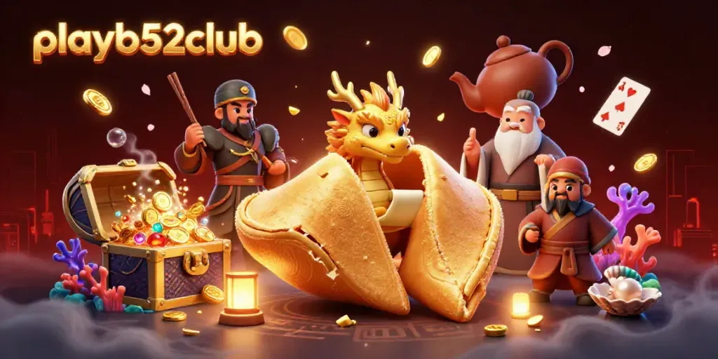 Experience the thrill of playb52club with a vibrant casino-themed 3D illustration including whimsical characters.