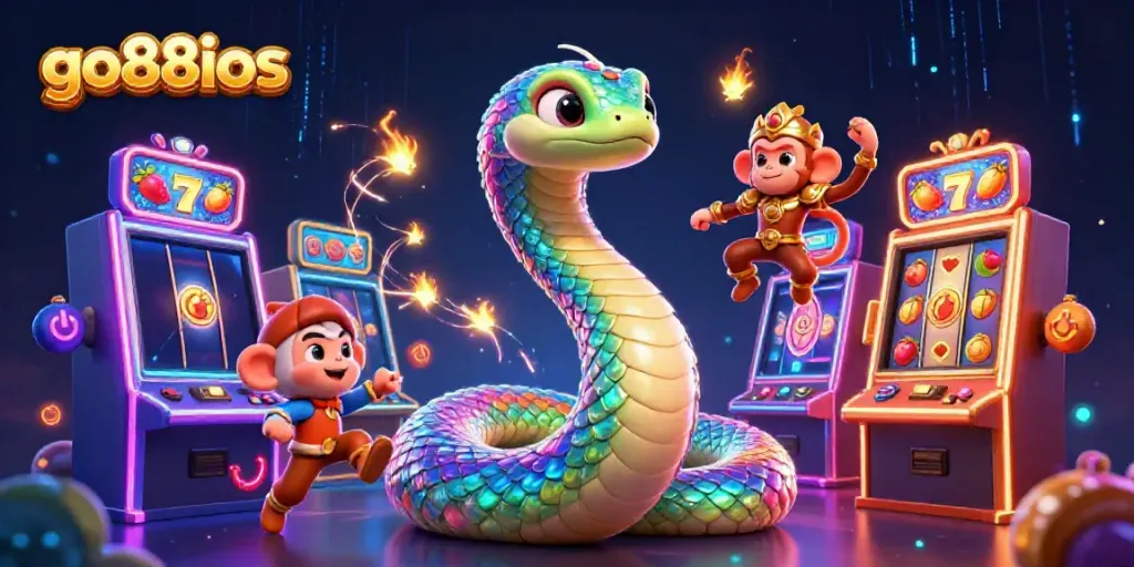 Engage with go88ios as the playful monkey king and rainbow serpent animate a lively casino scene with slot machines.