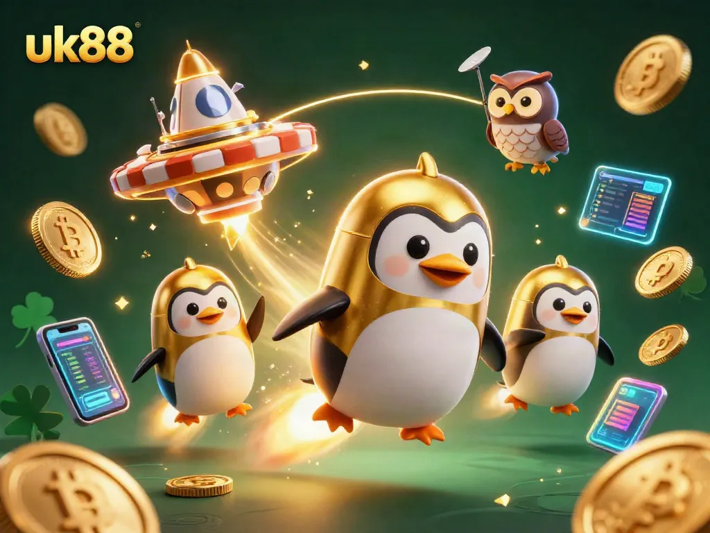 Experience uk88’s thrilling casino adventures with a golden penguin and crypto coins.