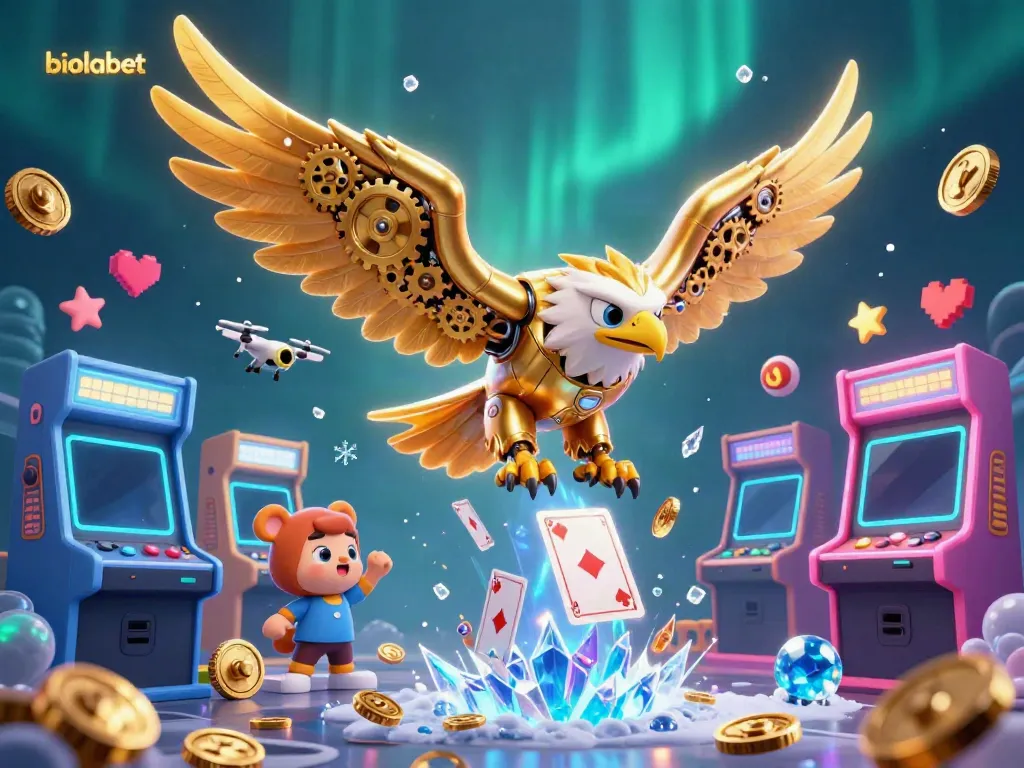 Experience thrilling gameplay with biolabet's dynamic casino scenes featuring a golden eagle and arcade machines.