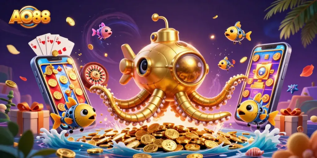 Experience excitement at AO88 with a golden kraken submarine amidst casino games and rich treasures.