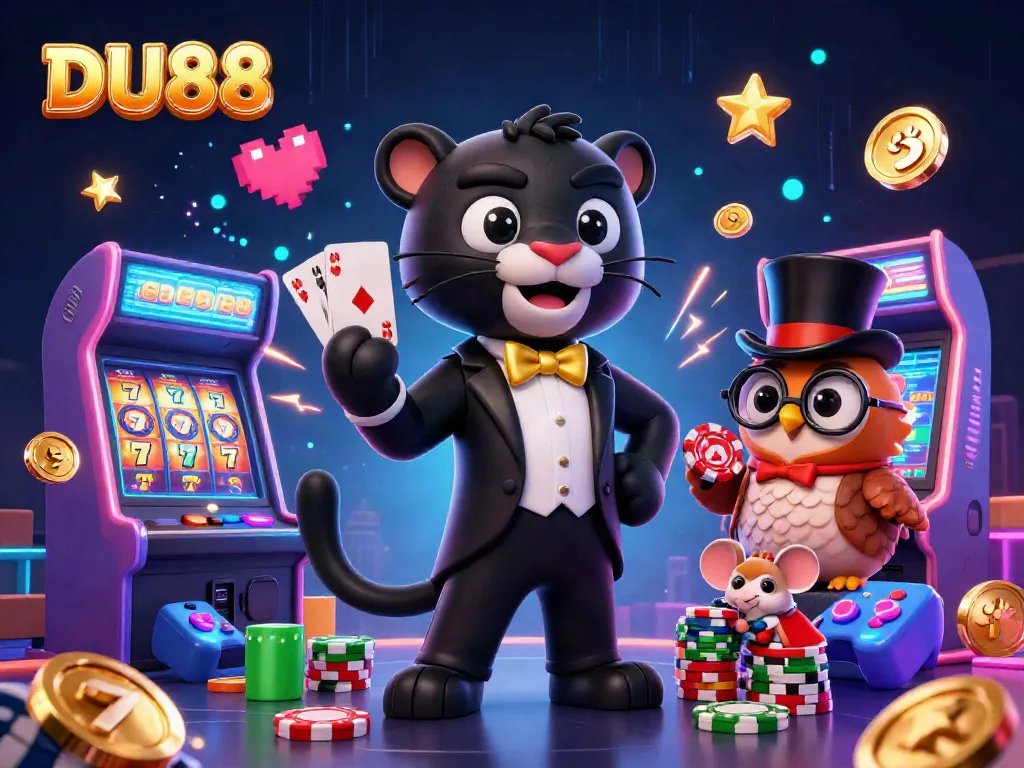 Engaging DU88 casino scene with a panther dealer, owl with chips, and lucky mouse amidst vibrant gaming elements.