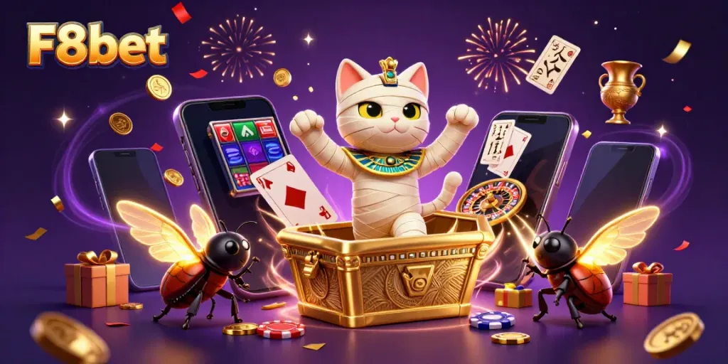 Experience the excitement of F8bet with an Egyptian mummy cat and golden prizes in a thrilling casino scene