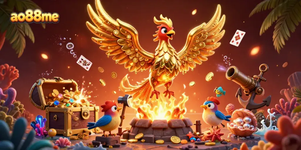 Experience the excitement of gambling with ao88me, featuring a golden phoenix, treasure, and casino elements.