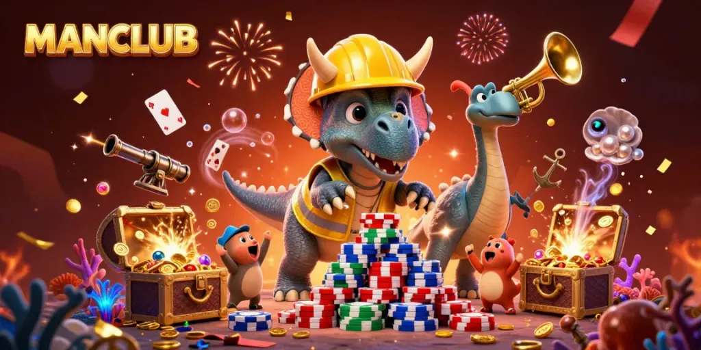Engaging scene of MANCLUB characters celebrating with poker chips, confetti, and underwater treasures