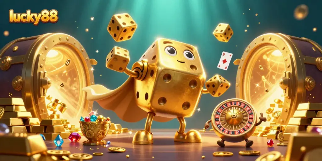 Engage with lucky88 at an online casino, featuring vibrant golden dice and treasure elements.