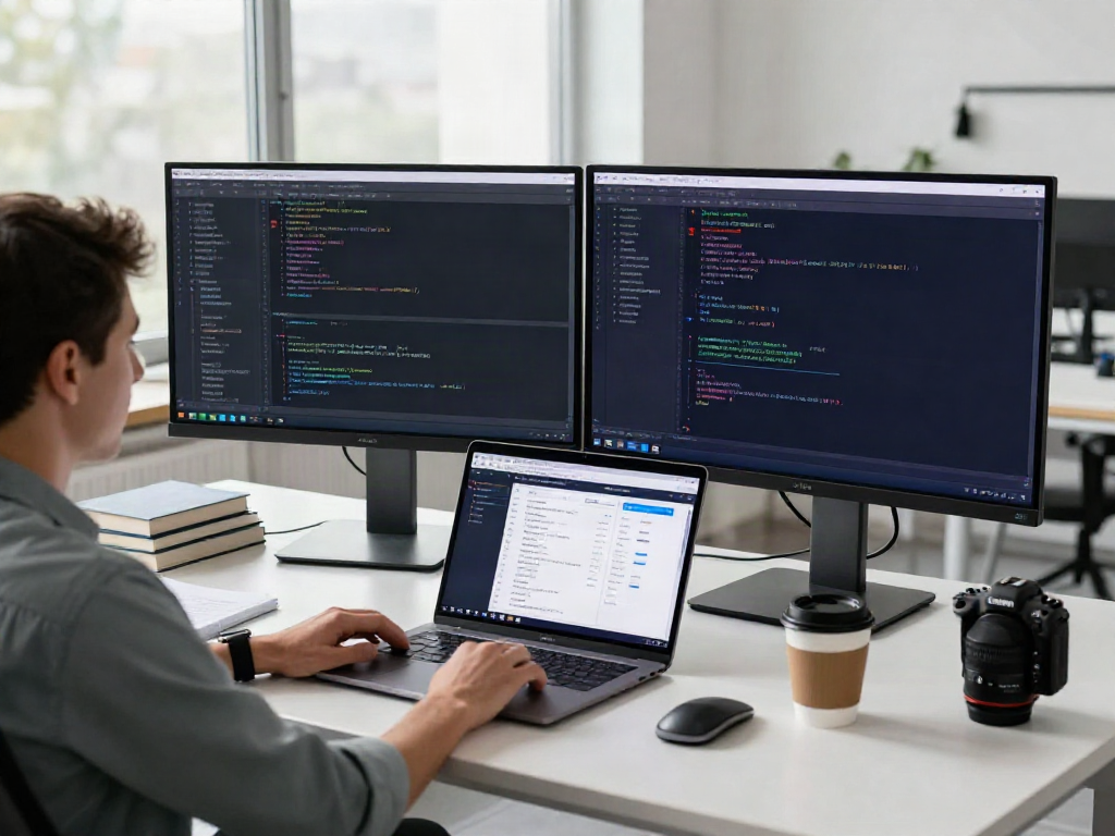 Developer in a modern office coding using LLM API provider technology with monitors and laptop.