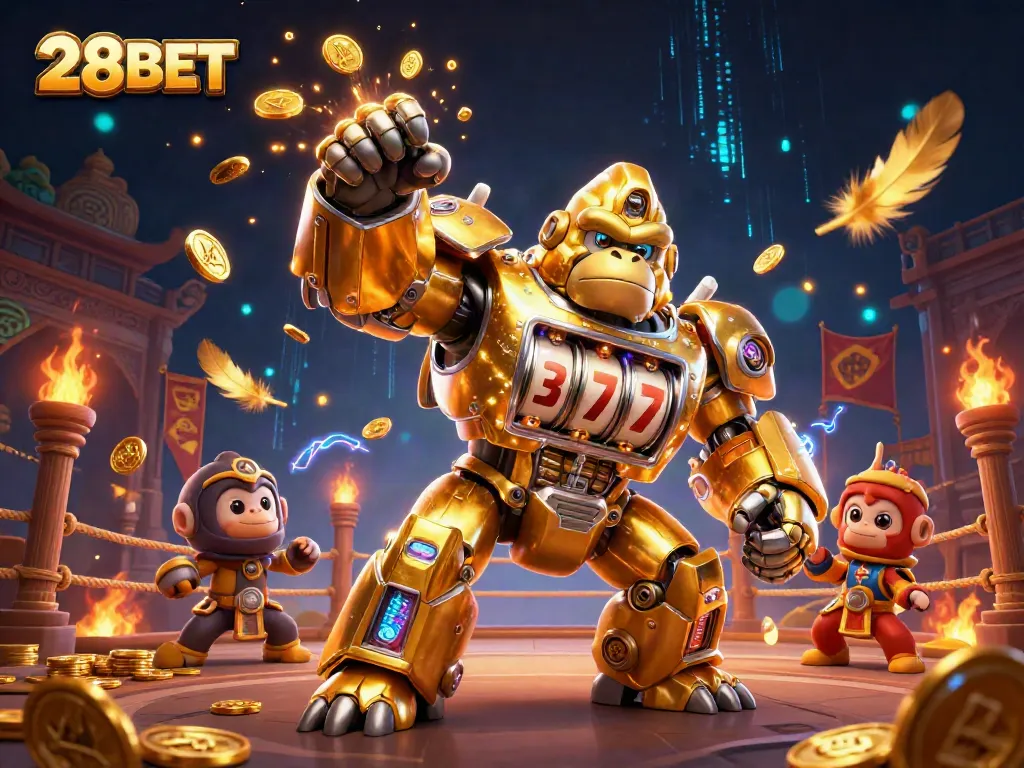 28BET showcases an electrifying slot machine gorilla mech with dynamic casino elements.
