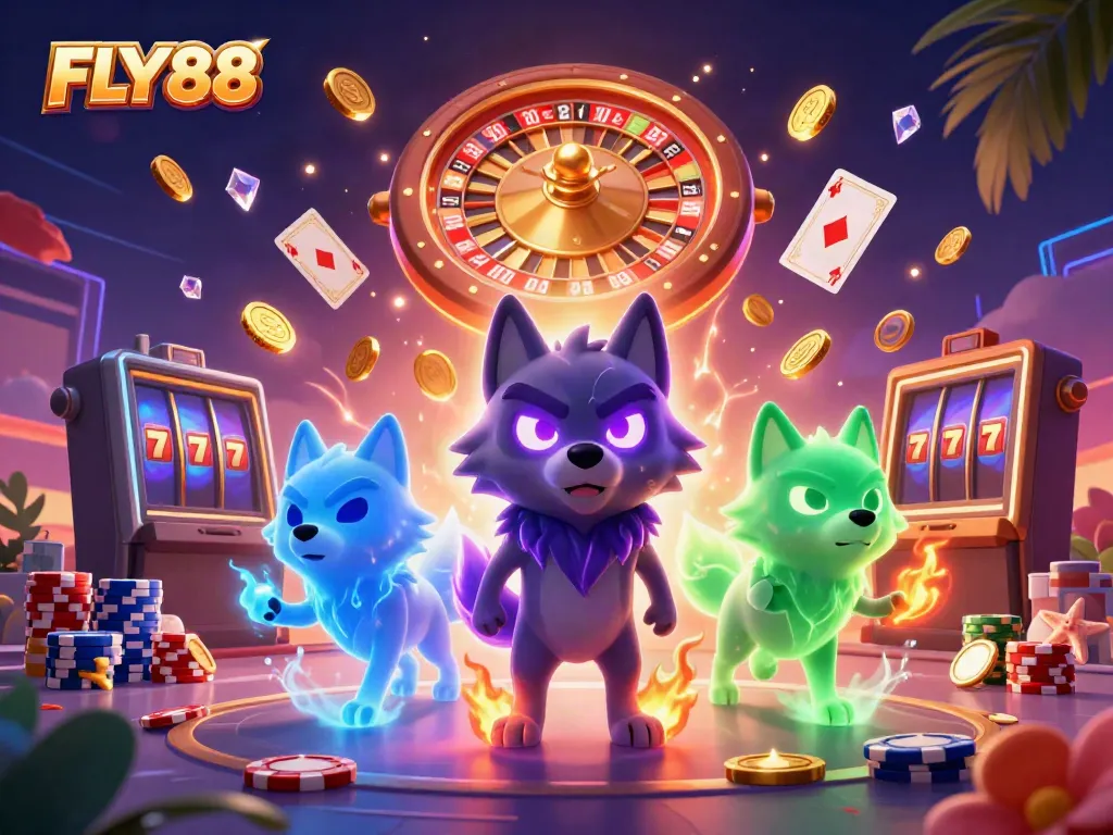 Experience thrilling gaming at FLY88 with phantom wolves surrounded by vibrant casino elements.