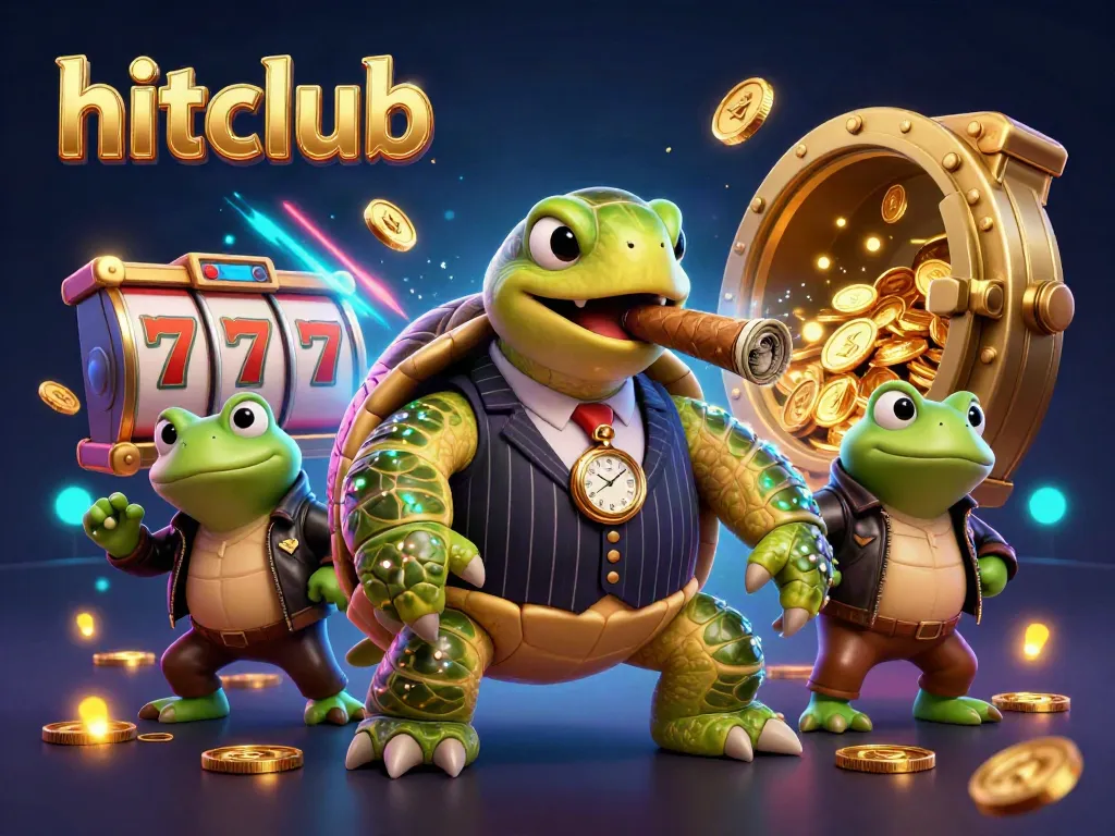 Hitclub showcases a vibrant casino scene featuring a mobster turtle and bullfrog enforcers surrounded by gold and gaming elements.