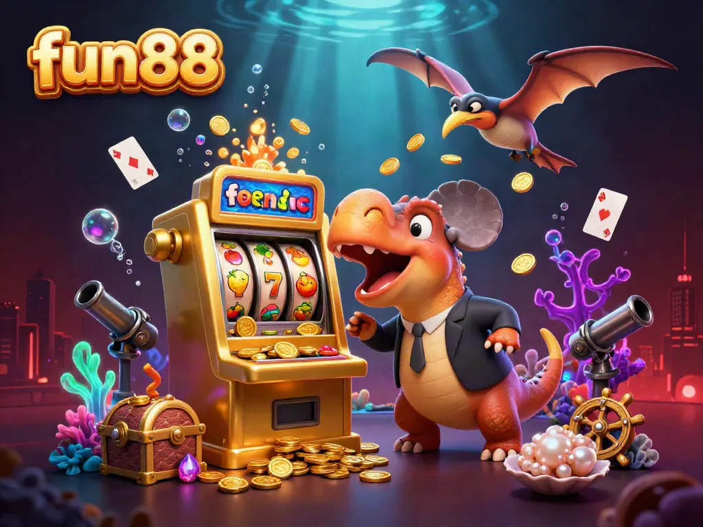 Experience the thrill of fun88 with dynamic slots action featuring a pachycephalosaurus and flying coins.