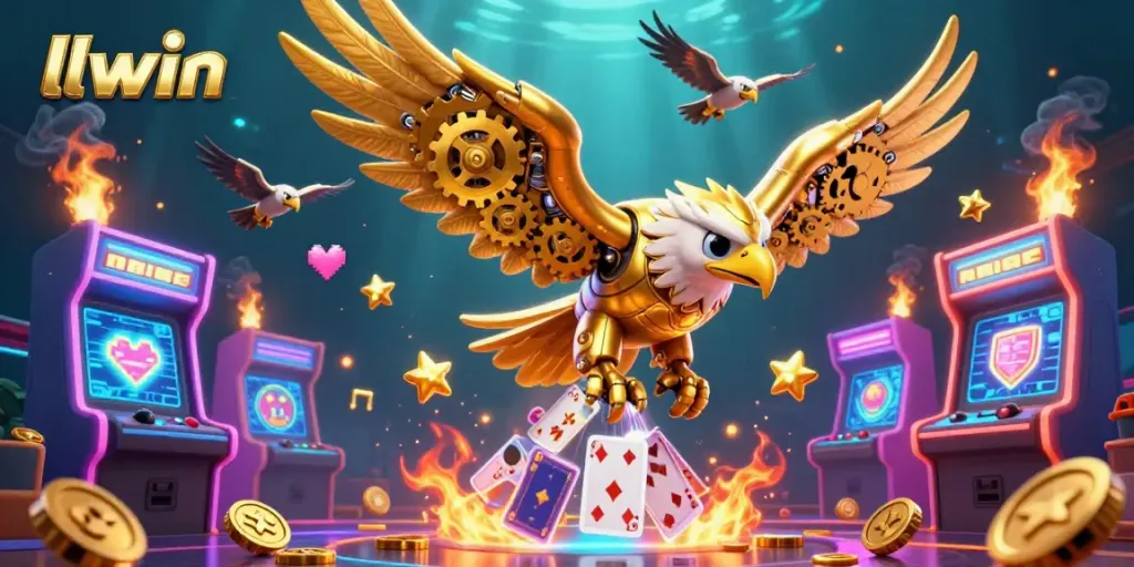llwin's vibrant 3D illustration showcases a golden eagle amidst casino-themed elements.