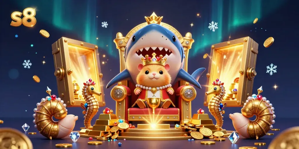 Win with s8 at a vibrant online casino in this dynamic 3D illustration featuring treasure and excitement.