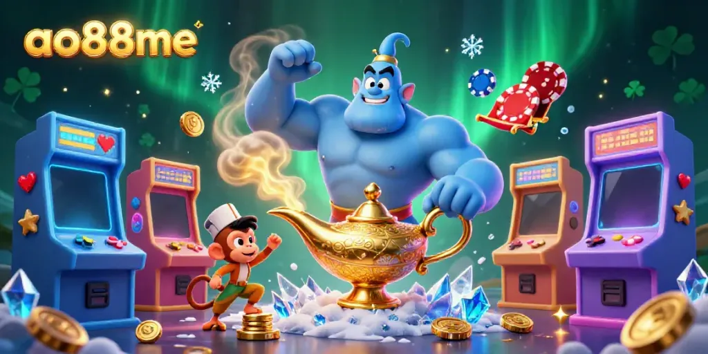 Engage with ao88me's vibrant gaming scene featuring a genie, monkey, and poker elements amidst immersive casino visuals.