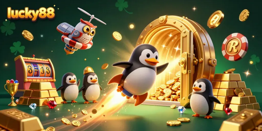 Experience excitement at lucky88 with a golden penguin launching into a vibrant casino scene.