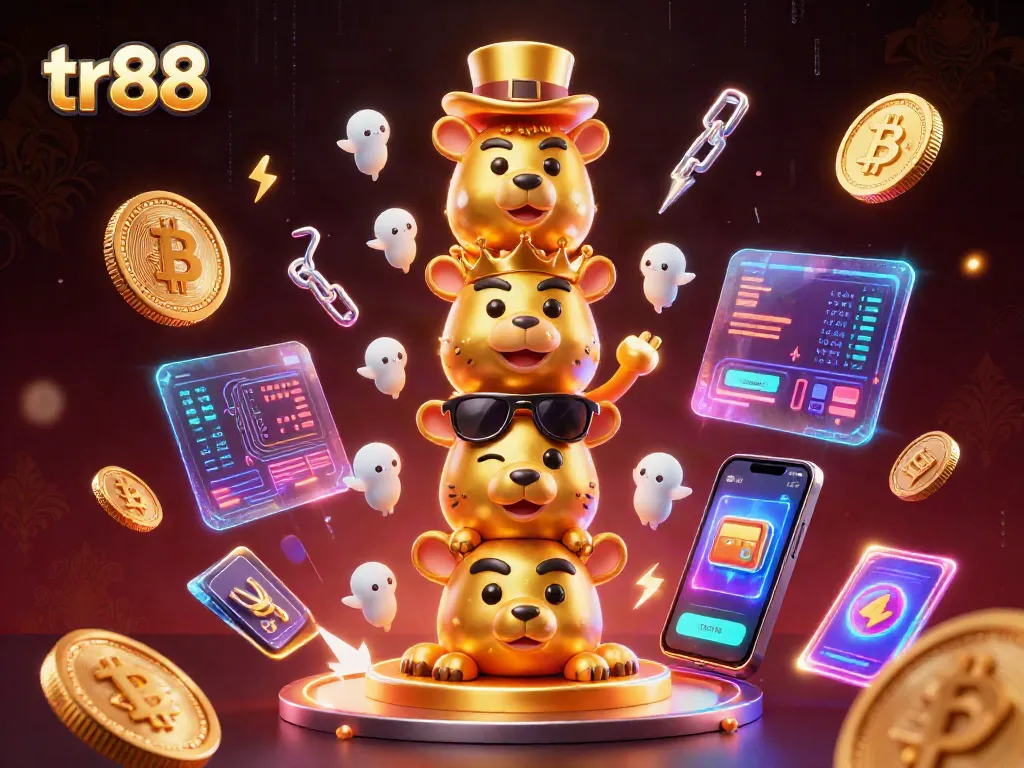 Engage in dynamic gaming with tr88 as vibrant characters interact amidst crypto elements.