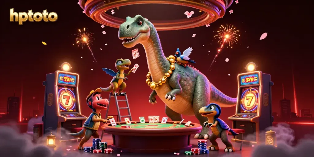 Experience the excitement of hptoto gaming with vibrant characters, slot machines, and festive elements.