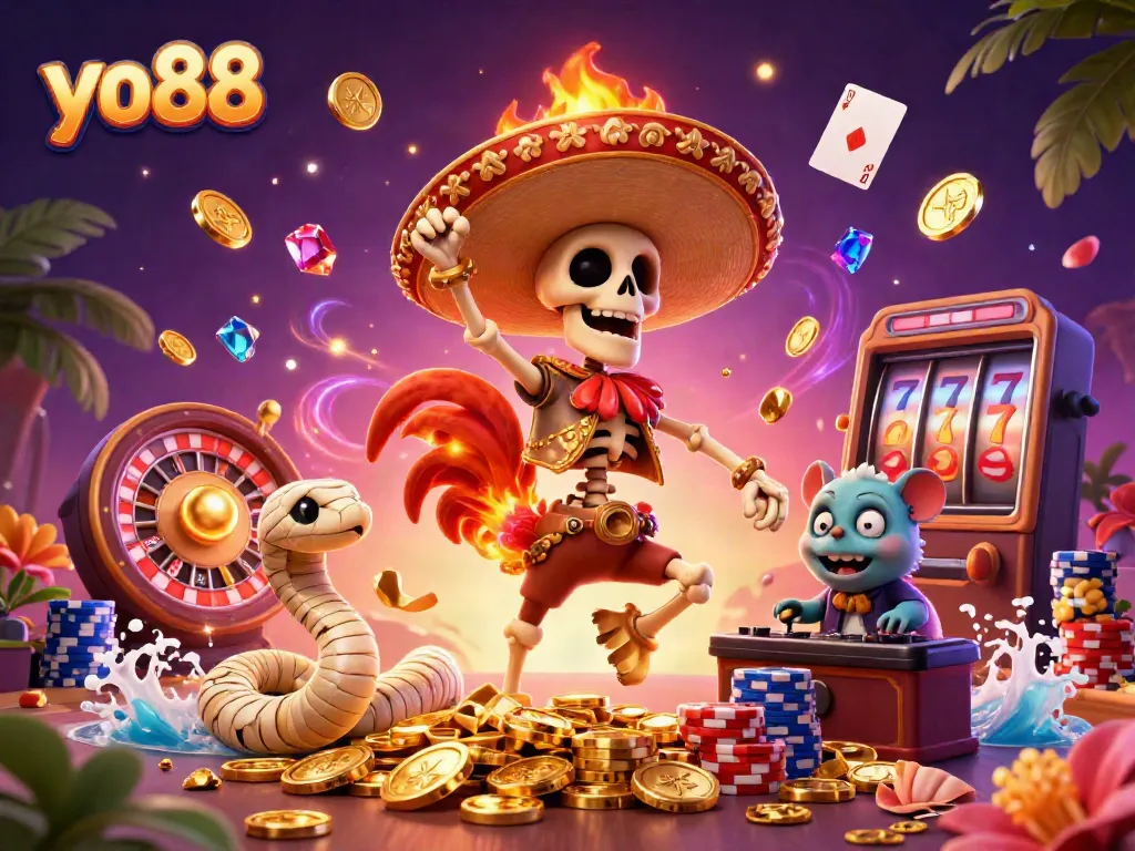 Experience thrilling gaming at yo88 with a vibrant 3D casino scene featuring colorful characters and dynamic game elements.