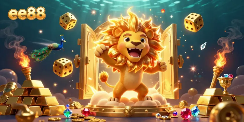 Spin the reels with excitement at ee88's vibrant casino scene, showcasing gold treasures and lucky dice.