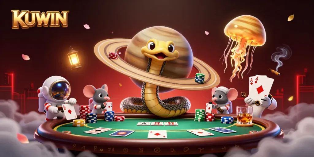 Experience an engaging cosmic gambling scene with KUWIN, featuring a roulette wheel and cartoon characters.