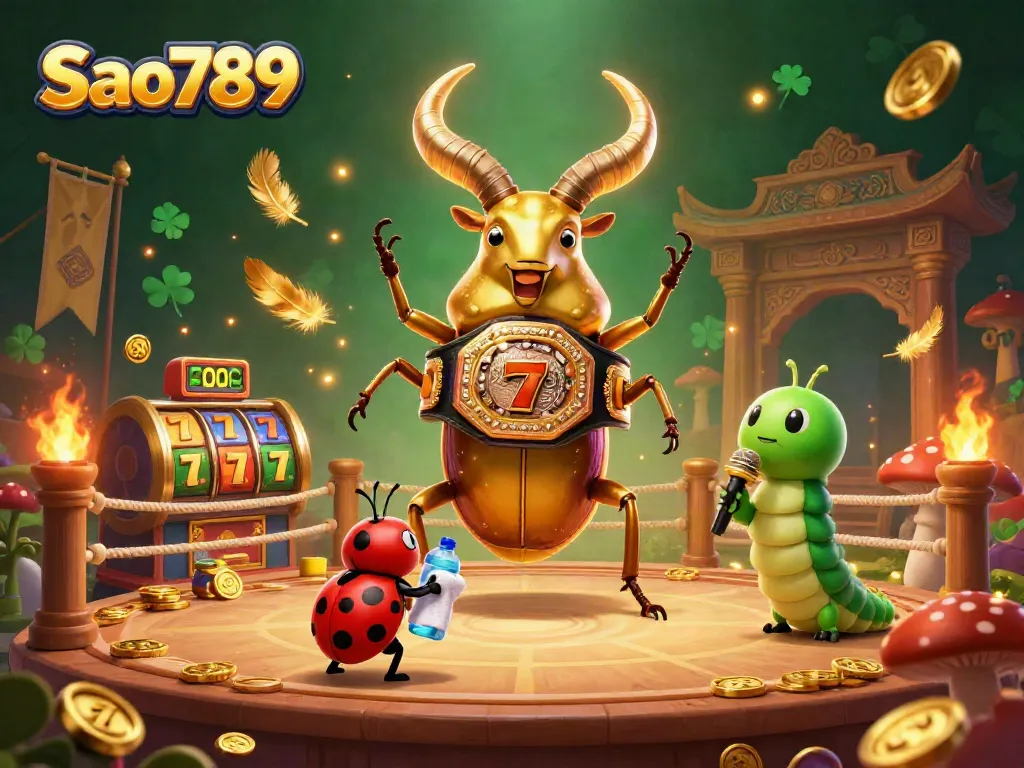 Experience thrilling excitement with Sao789, featuring a vibrant illustration of a golden stag beetle boxing in a casino setting.