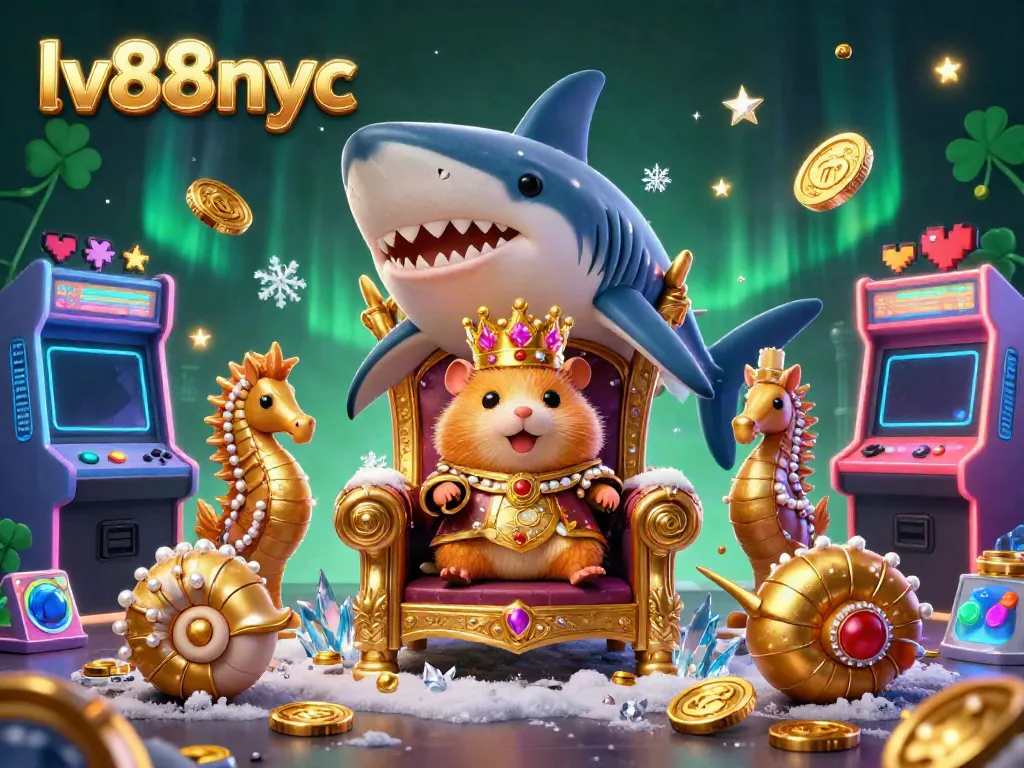 Engage in thrilling gameplay at lv88nyc, featuring a cartoon hamster king in an extravagant casino throne surrounded by dazzling game elements.