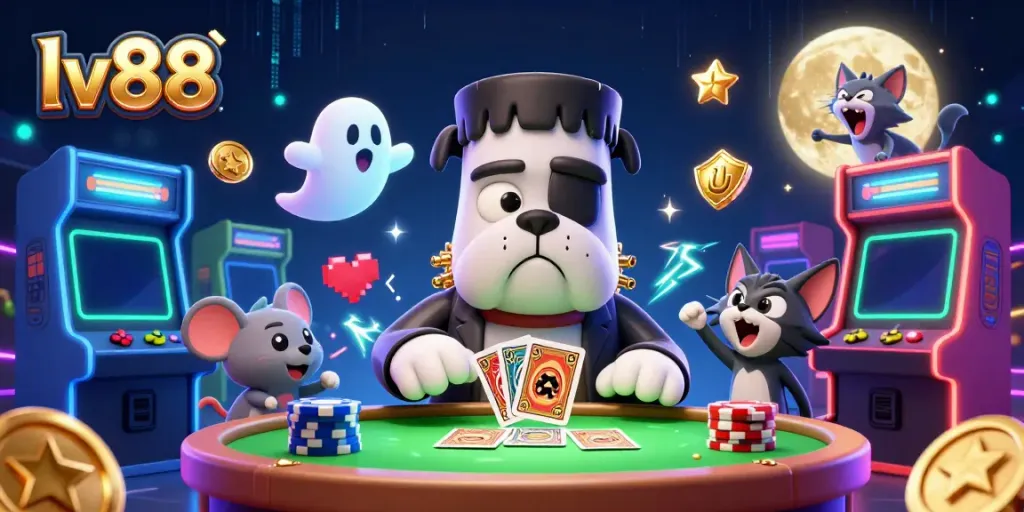 Experience high-stakes gaming with lv88's playful characters at a lively casino table.