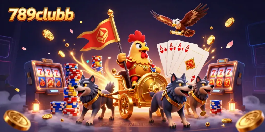 Experience thrilling gameplay with 789clubb's dynamic casino elements and colorful characters in this 3D illustration.