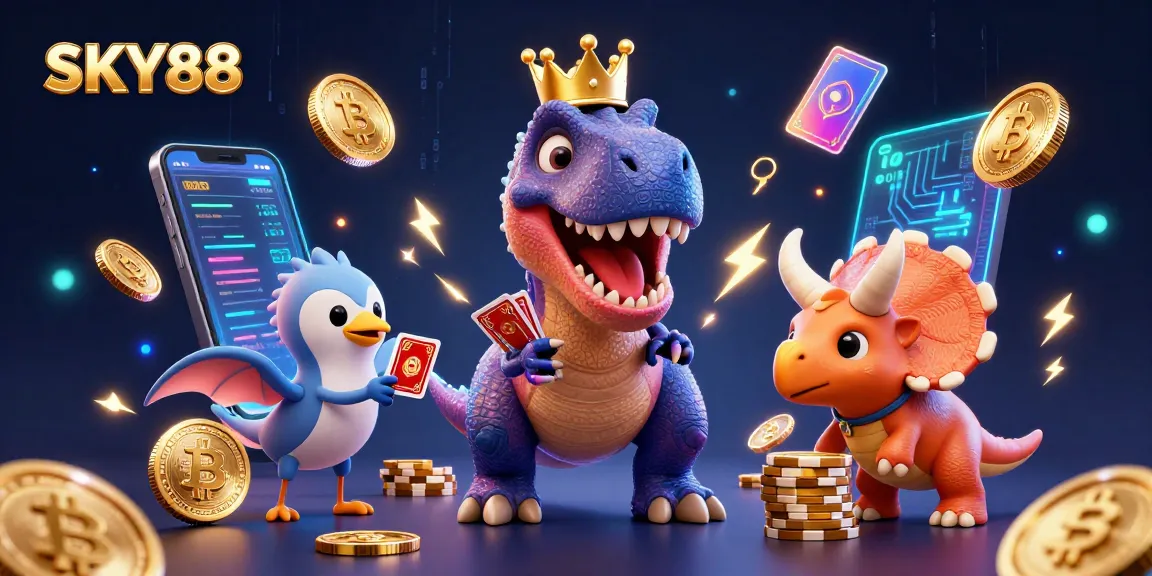 Win big at SKY88 casino with colorful characters amidst dynamic gambling elements.