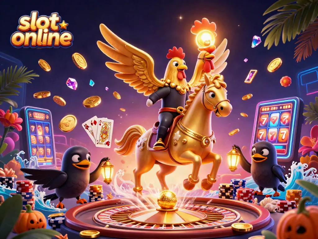 Spin the reels in a vibrant slot online casino scene featuring a golden rooster and dazzling elements.