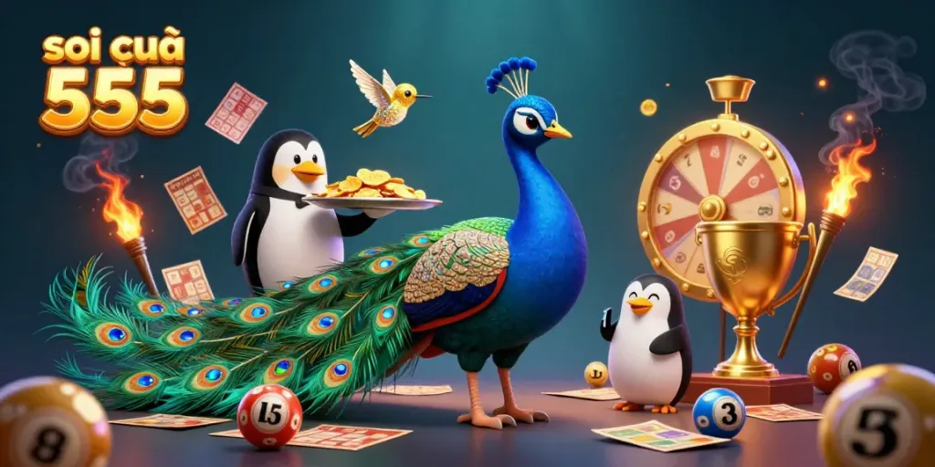 Engage with the exciting world of soi cầu 555 as a colorful peacock and friendly penguin present lottery balls and prize wheels.