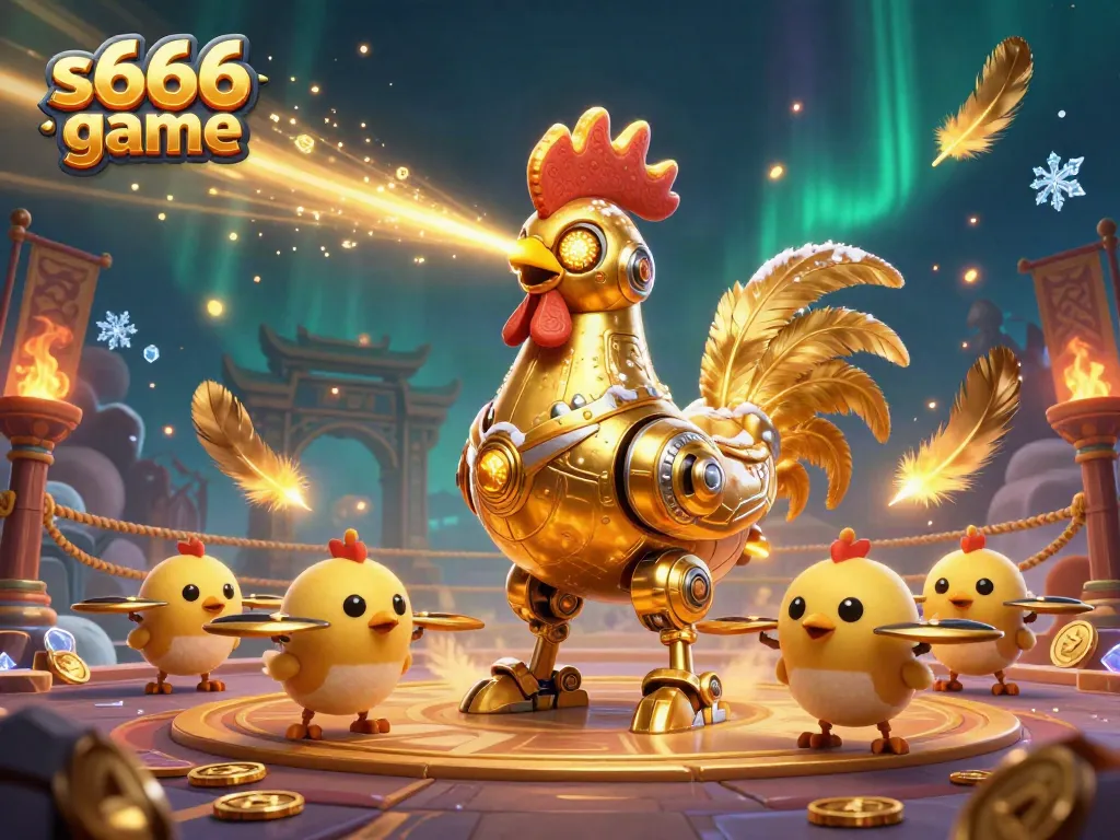 Engage in the vibrant action of the s666 game featuring a futuristic golden rooster robot and drones.
