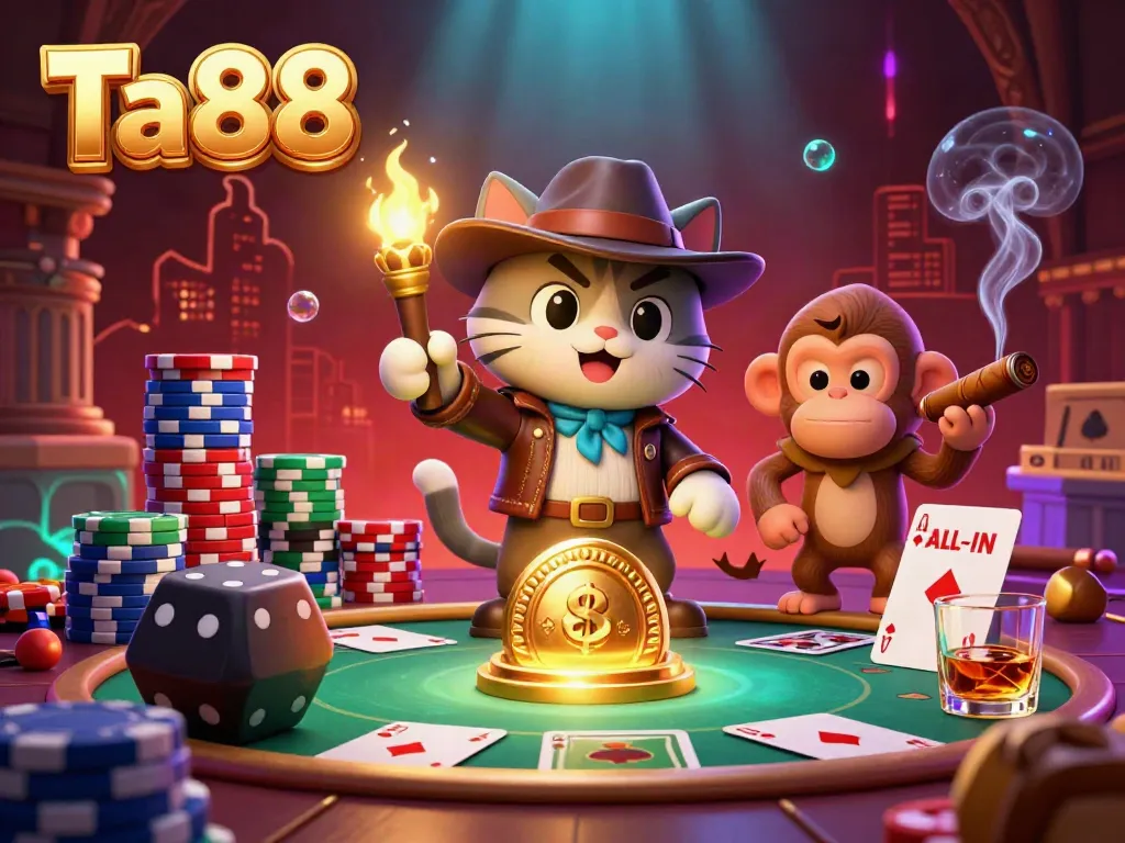 Engaging 3D scene showcasing Ta88 with a cartoon explorer cat finding a golden casino artifact amid vibrant gambling elements.